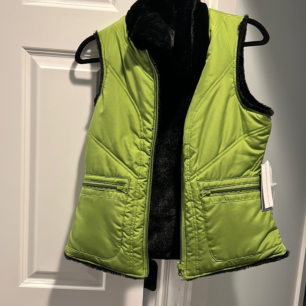 Reversible faux black fur and green vest size small